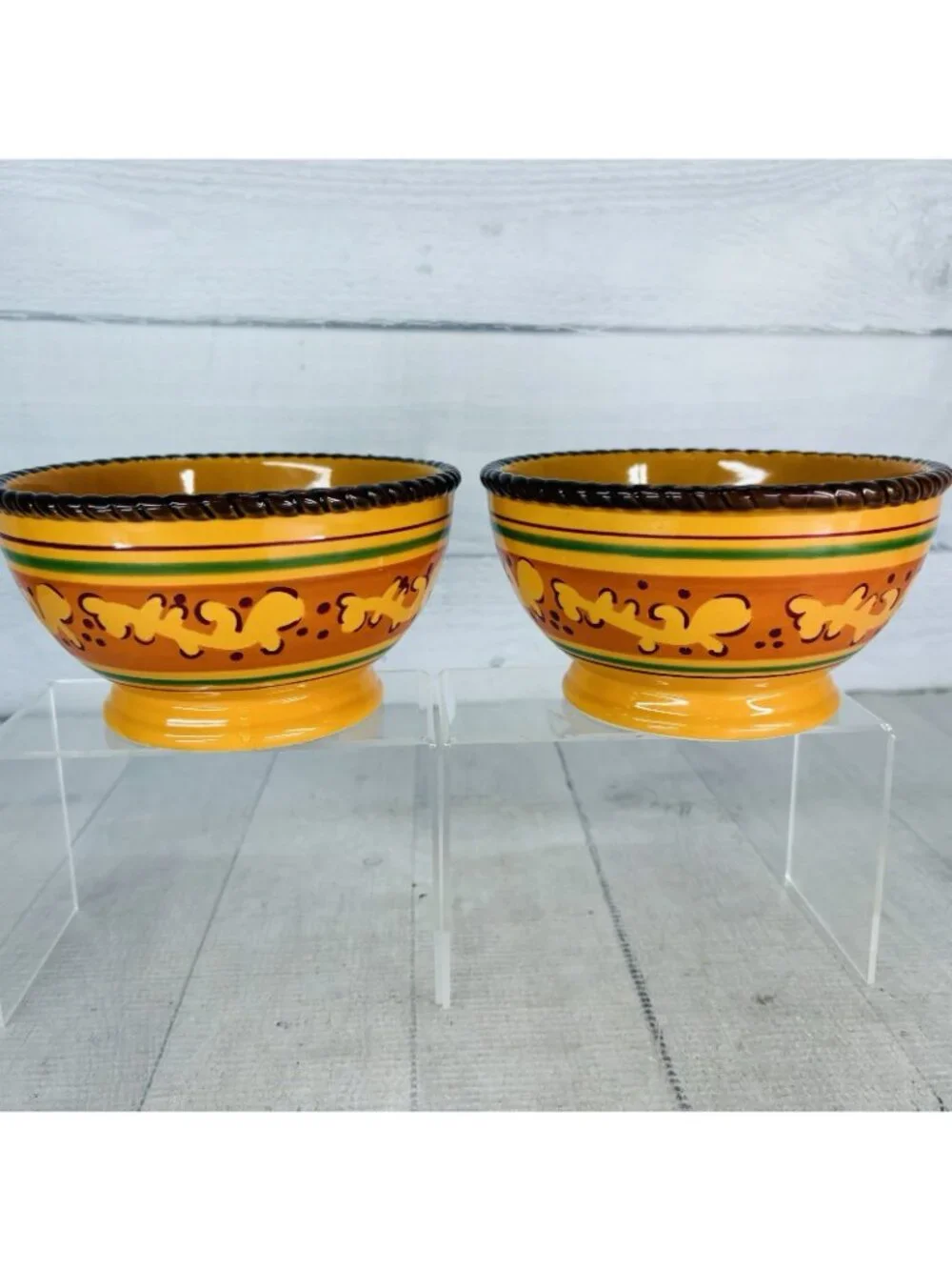 Celebrating Home TUSCAN Orange Yellow Stoneware Footed Soup Cereal Bowls Set 2
